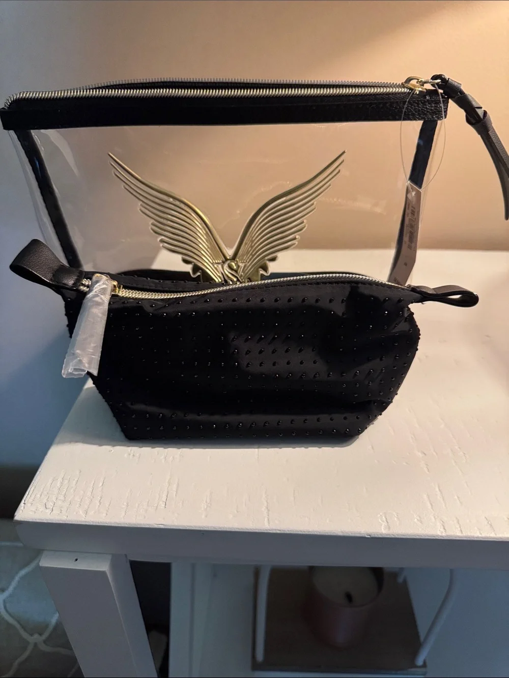 Victoria's Secret Clear Cosmetic Pouch with Gold Wing Accent and Black Trim